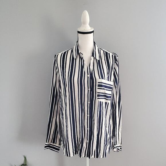 George Relaxed Fit Black & White Striped Button Down Top L - Picture 1 of 6